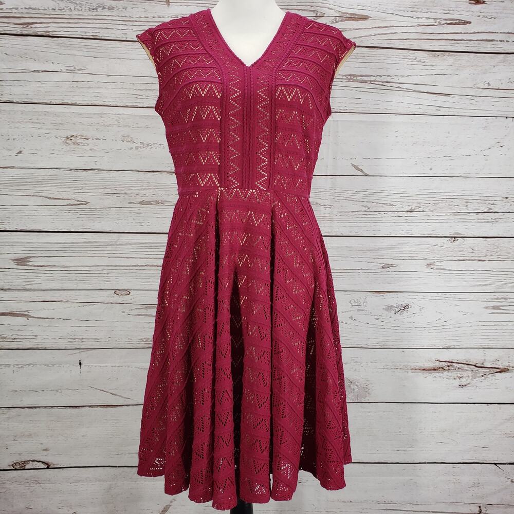 Roz & Ali Women's Magenta V-Neck Fit & Flare Dress Size 8